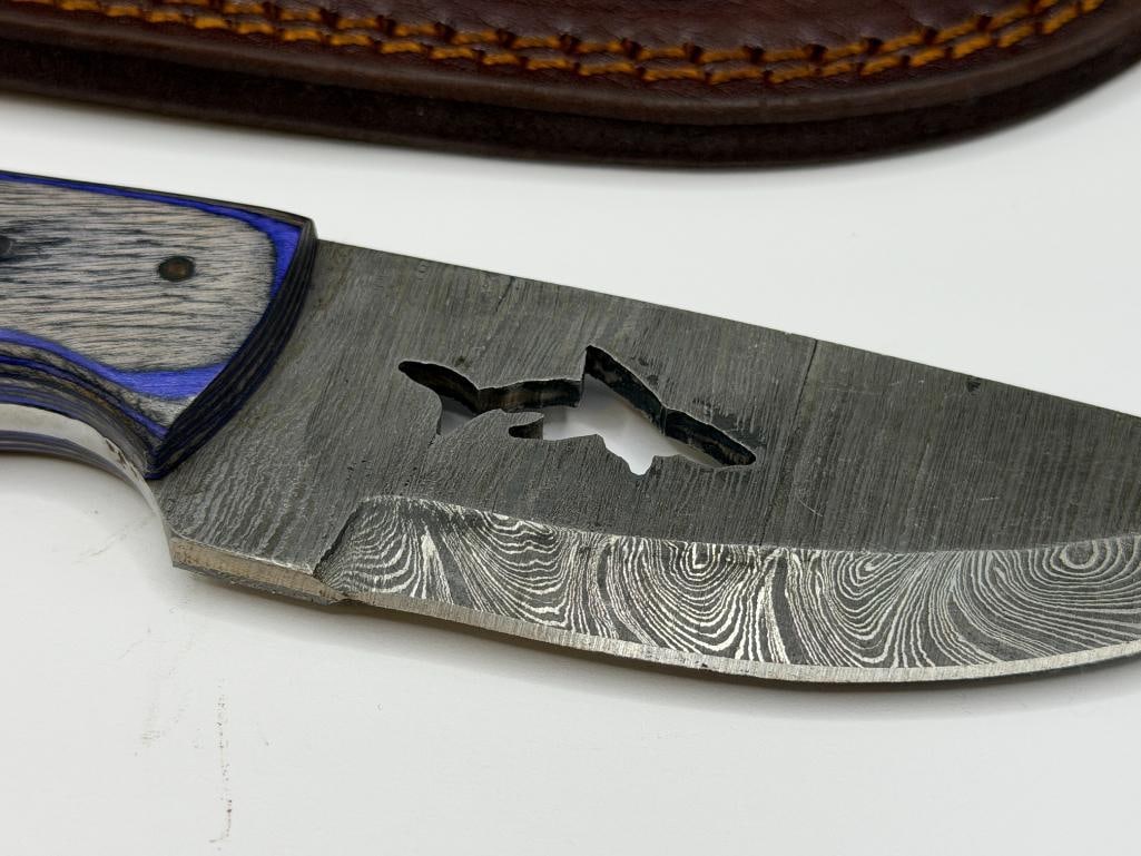 DAMASCUS STEEL FIXED BLADE KNIFE FEATURING SHARK SILHOUETTE CUTOUT IN BLADE - 3