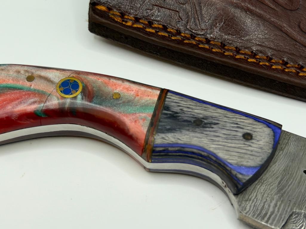 DAMASCUS STEEL FIXED BLADE KNIFE FEATURING SHARK SILHOUETTE CUTOUT IN BLADE - 4
