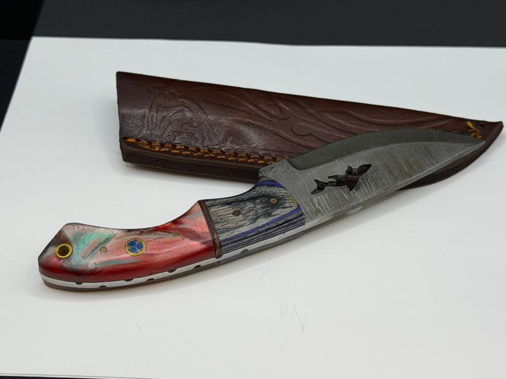 DAMASCUS STEEL FIXED BLADE KNIFE FEATURING SHARK SILHOUETTE CUTOUT IN BLADE - 5