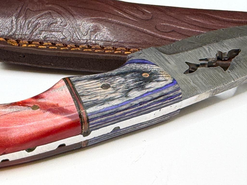 DAMASCUS STEEL FIXED BLADE KNIFE FEATURING SHARK SILHOUETTE CUTOUT IN BLADE - 6