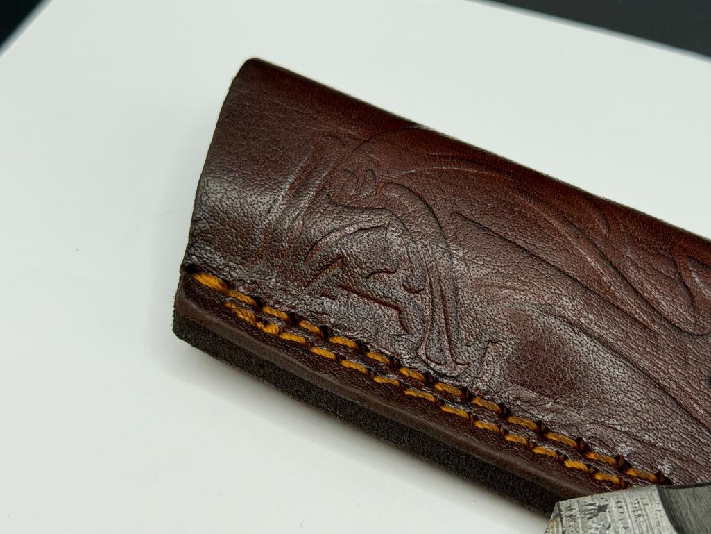 DAMASCUS STEEL FIXED BLADE KNIFE FEATURING SHARK SILHOUETTE CUTOUT IN BLADE - 7