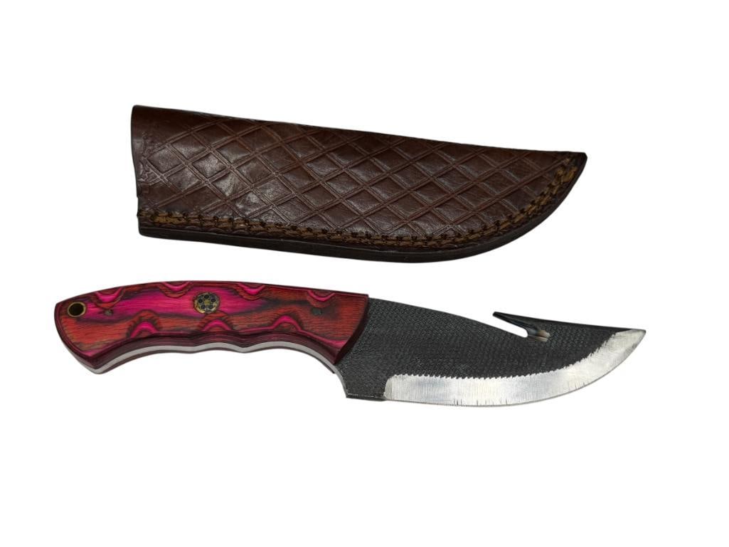 FORDGED CARBON STEEL FIXED BLADE KNIFE WITH GUT HOOK AND FULL TANG BLADE: FEATURING A VIBRANT DYED PINK WOOD HANDLE AND INCLUDES A LEATHER SHEATH 4" BLADE, 8" TOTAL LENGTH