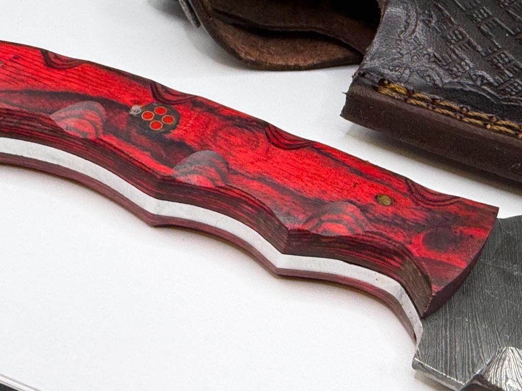 DAMSCUS STEEL FIXED BLADE KNIFE FEATURING FULL TANG BLADE AND SERATED BACK EDGE - 5