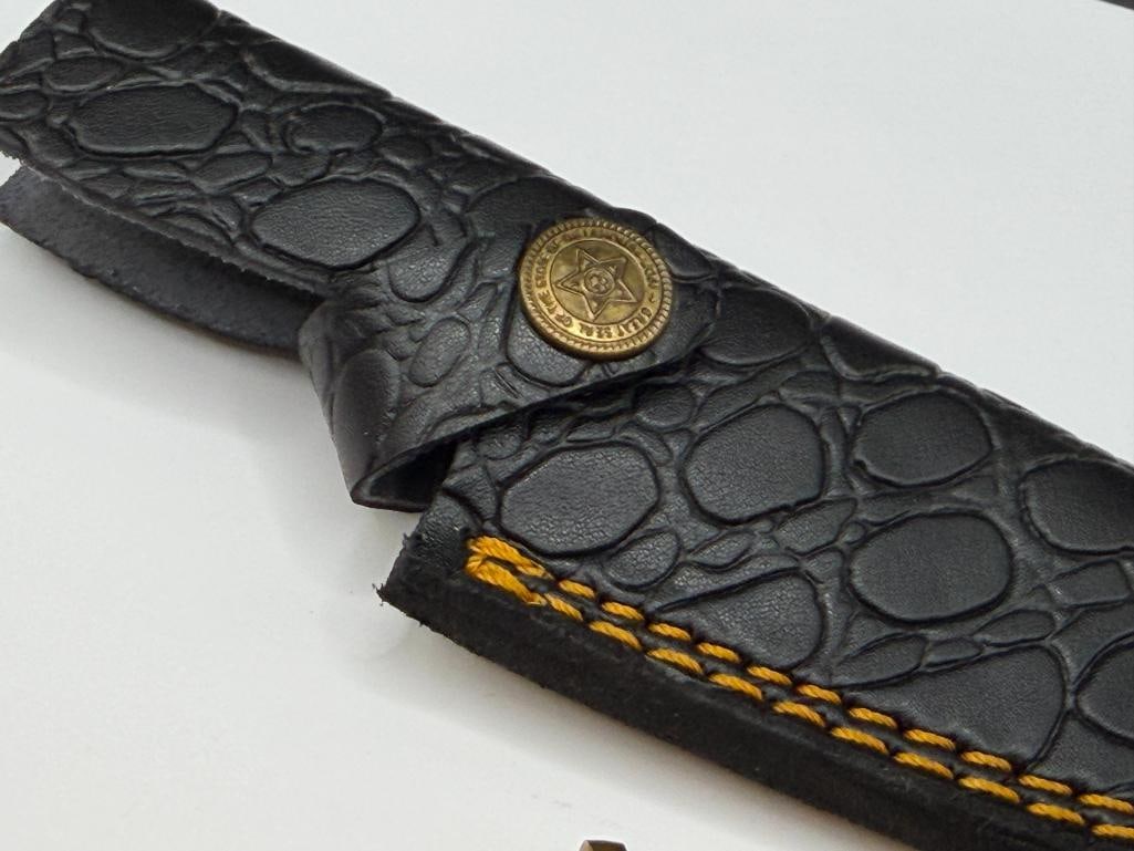 DAMASCUS STEEL FIXED BLADE KNIFE FEATURING NATURAL WOOD HANDLE WITH BRASS ACCENTS - 7