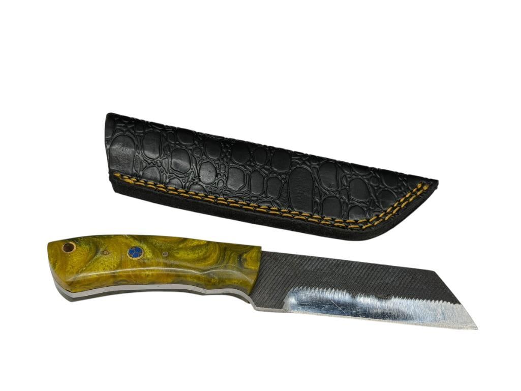 FORDGED CARBON STEEL FIXED BLADE KNIFE WITH STRAIGHT BACK AND CLEAVER SHAPED BLADE: FEATURING A FULL TANG BLADE AND EPOXY RESIN HANDLE, INCLUDES A LEATHER SHEATH 4" BLADE, 7 3/4" TOTAL LENGTH 
