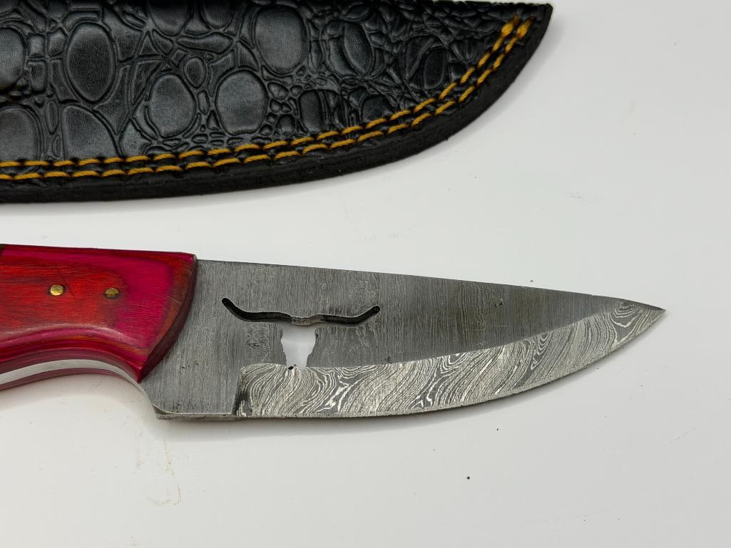 DAMASCUS STEEL FIXED BLADE KNIFE FEATURING LONG HORN SILHOUETTE CUTOUT IN BLADE - 2