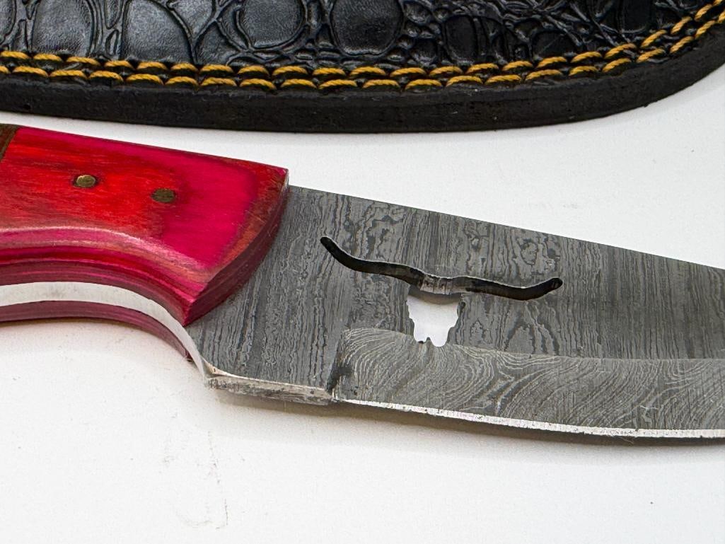 DAMASCUS STEEL FIXED BLADE KNIFE FEATURING LONG HORN SILHOUETTE CUTOUT IN BLADE - 3