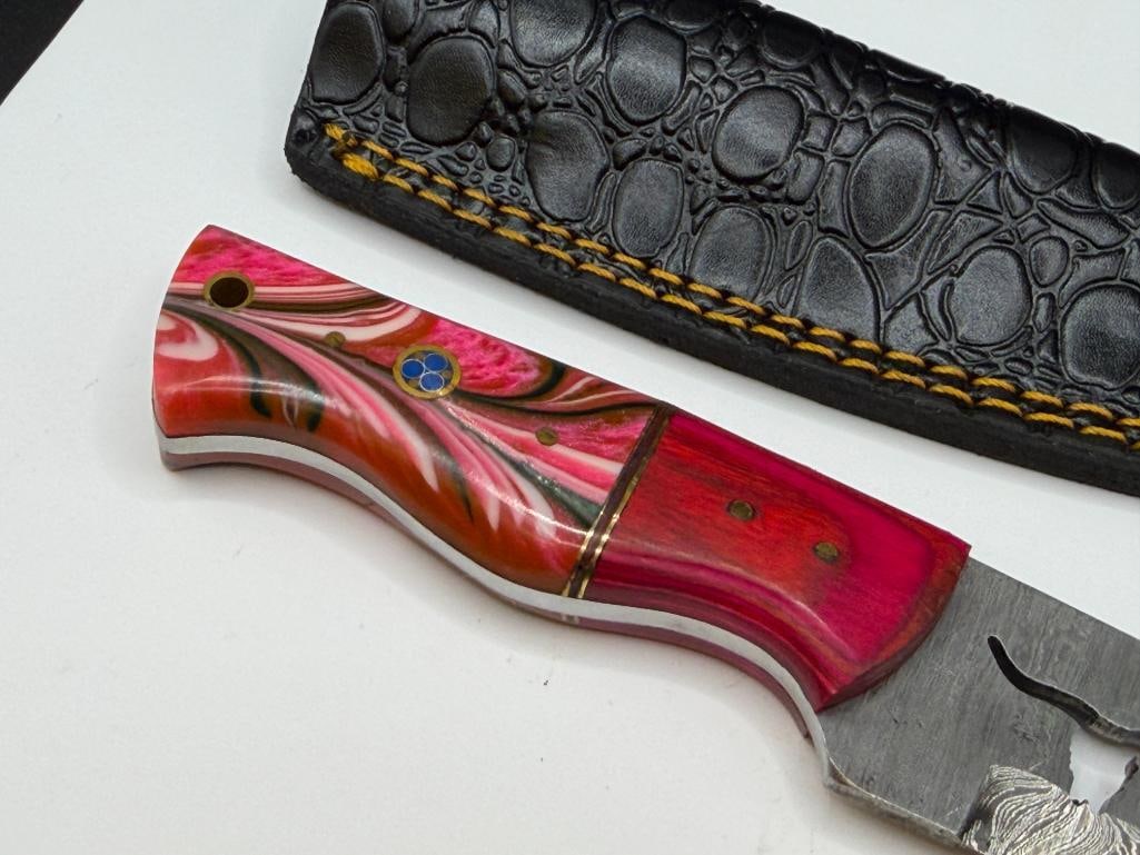 DAMASCUS STEEL FIXED BLADE KNIFE FEATURING LONG HORN SILHOUETTE CUTOUT IN BLADE - 4