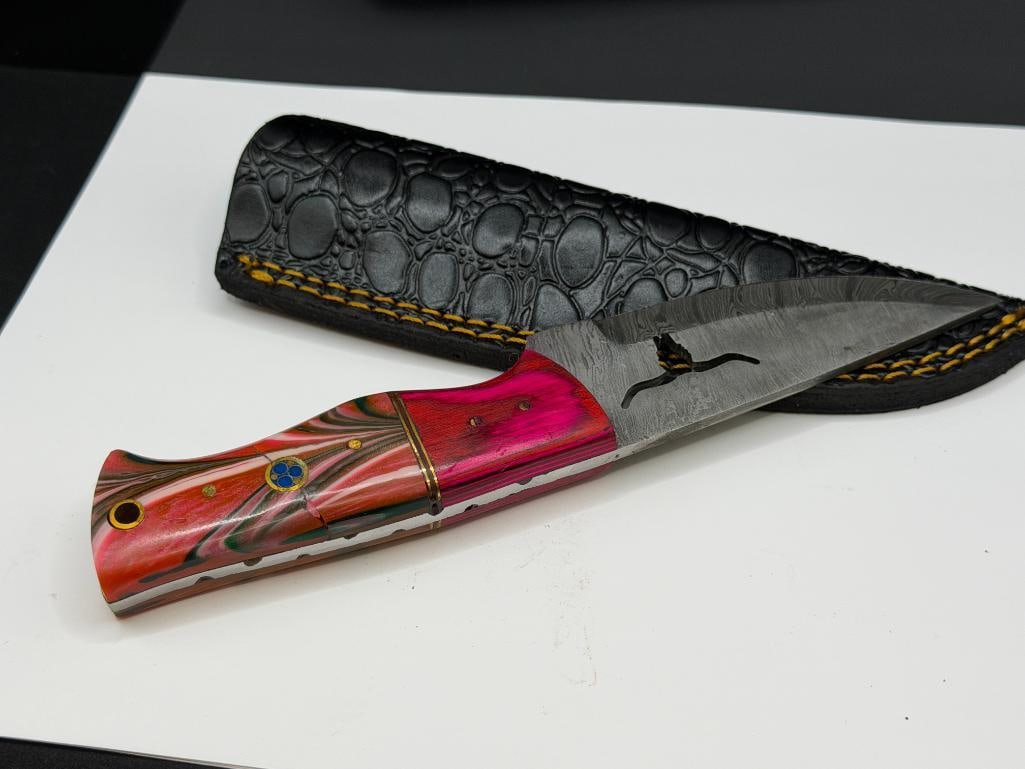 DAMASCUS STEEL FIXED BLADE KNIFE FEATURING LONG HORN SILHOUETTE CUTOUT IN BLADE - 5