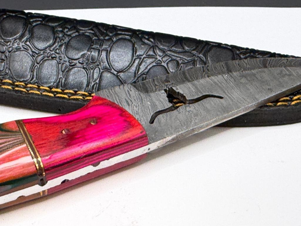 DAMASCUS STEEL FIXED BLADE KNIFE FEATURING LONG HORN SILHOUETTE CUTOUT IN BLADE - 6