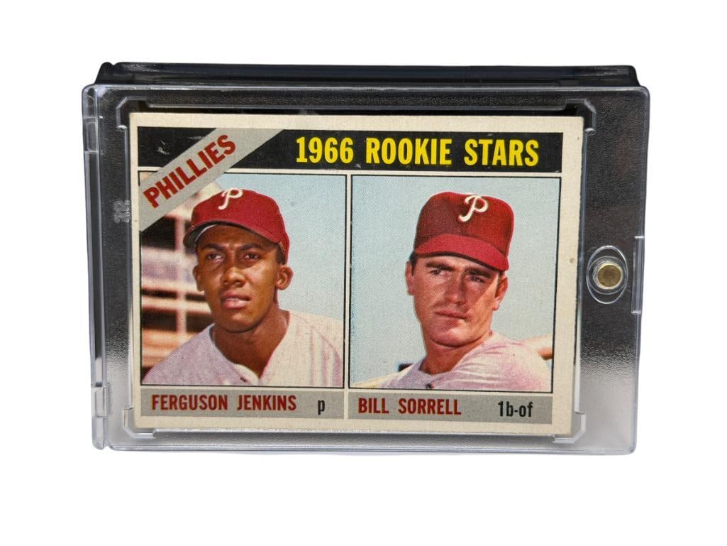 1966 TOPPS #254 PHILLIES ROOKIE STARS FERGUSON JENKINS AND BILL SORRELL BASEBALL CARD: 1966 PHILLIES' ROOKIE STARS, RARE CARD, SEE PHOTOS FOR CONDITION, FROM THE ESTATE OF A LOCAL RENO, NV DOCTOR AT RENOWN WHO RAN BIG LEAGUE SPORTS MEDICINE BASEBALL CAMP FOR NEARLY 20 YEARS, DOCTOR JOHN