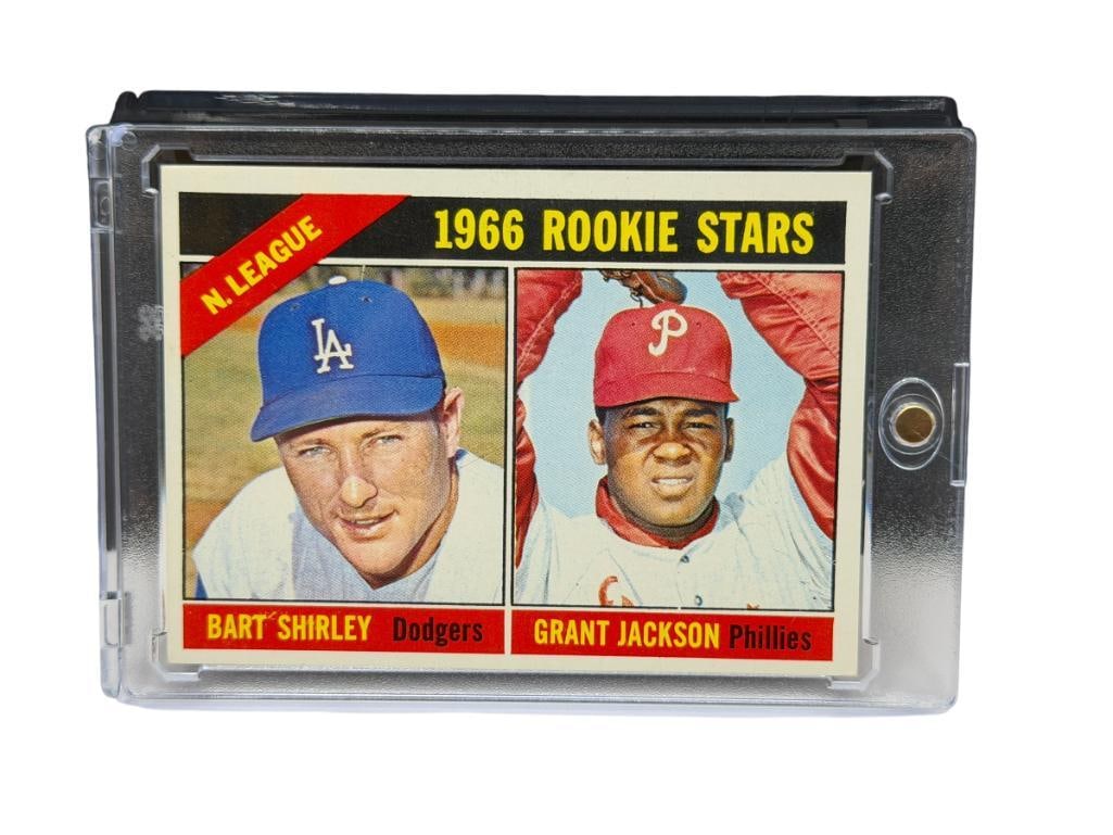 1966 TOPPS #591 NATIONAL LEAGUE ROOKIE STARS BART SHIRLEY AND GRANT JACKSON: BART SHIRLEY FROM THE LOS ANGELES DODGERS AND GRANT JACKSON FROM THE PHILADELPHIA PHILLIES, RARE CARD, SEE PHOTOS FOR CONDITION, FROM THE ESTATE OF A LOCAL RENO, NV DOCTOR AT RENOWN WHO RAN BIG