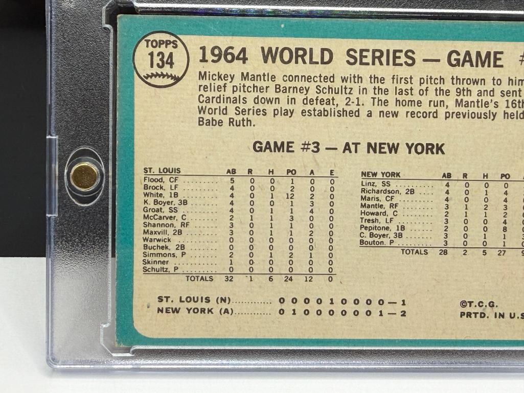 1965 TOPPS #134 1964 WORLD SERIES GAME MANTLE'S CLUTCH HR MICKEY MANTLE BASEBALL CARD - 8