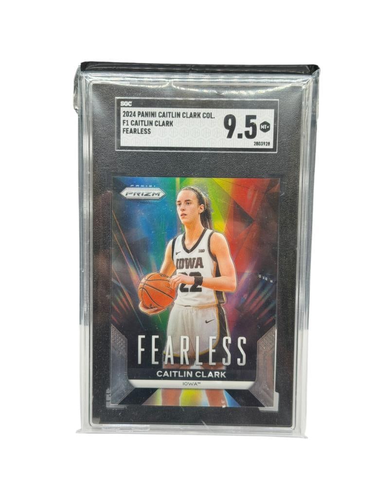 2024 PANINI CAITLIN CLARK COL. F1 CAITLIN CLARK IOWA FEARLESS PANINI PRIZM BASEKTBALL CARD SGC 9.5+: GRADED BY SGC 9.5 MT+, SERIAL # 2803928, RARE CARD