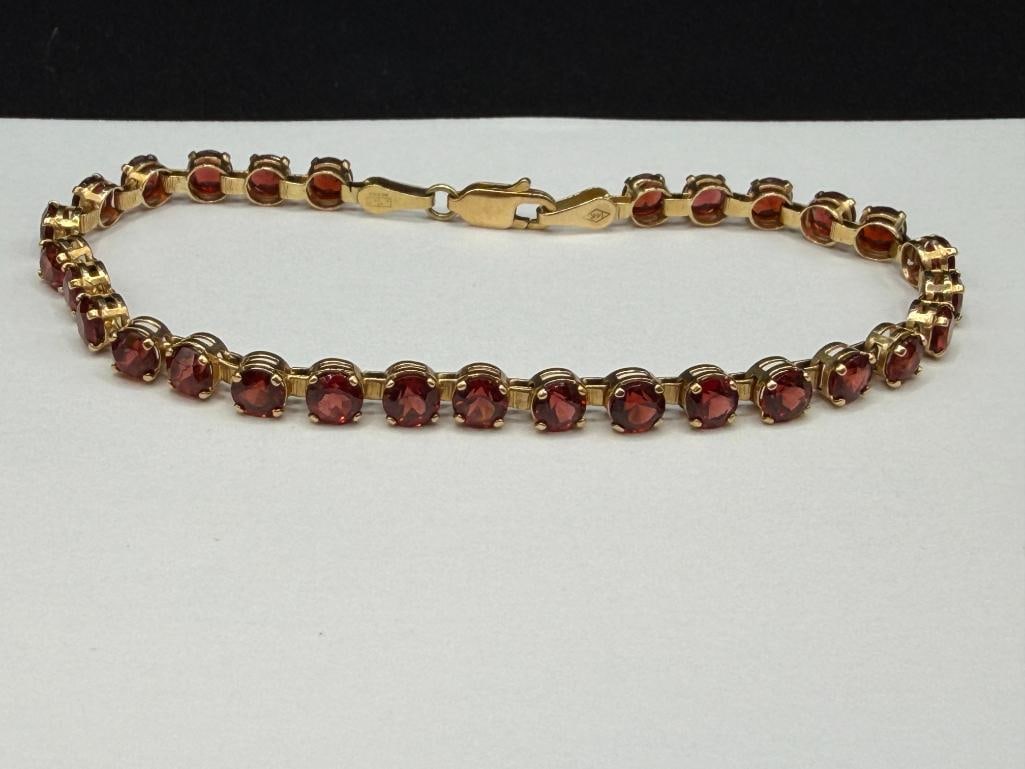 14K YELLOW GOLD DESIGNER HALLMARKED ROUND CUT GARNET TENNIS BRACELET - 2