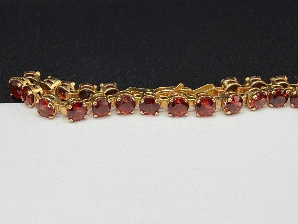 14K YELLOW GOLD DESIGNER HALLMARKED ROUND CUT GARNET TENNIS BRACELET - 3