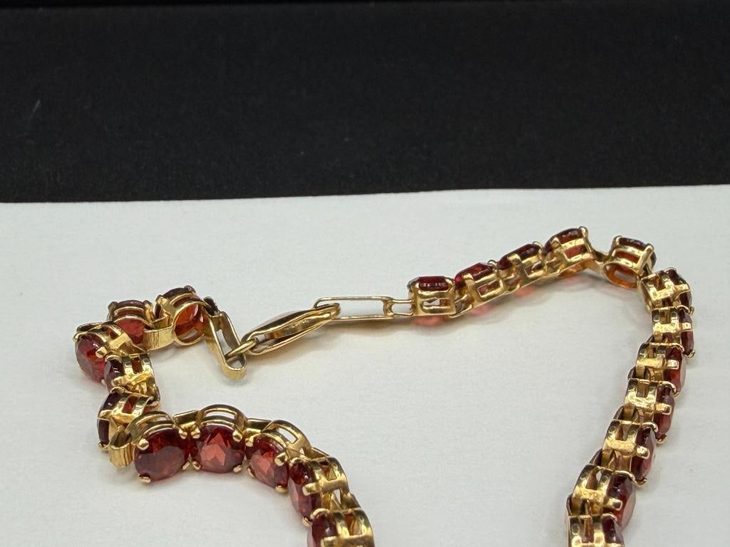 14K YELLOW GOLD DESIGNER HALLMARKED ROUND CUT GARNET TENNIS BRACELET - 5
