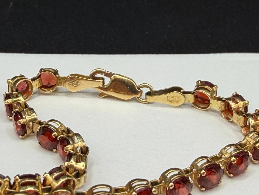14K YELLOW GOLD DESIGNER HALLMARKED ROUND CUT GARNET TENNIS BRACELET - 6