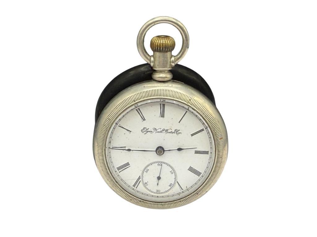 ANTIQUE 1895 ELGIN SEVEN JEWELS GRADE 73 POCKET WATCH: OPEN FACE SILVERINE CASE, SAFETY PINION, SERIAL # 5807468, NOT CURRENTLY RUNNING, NEEDS REPAIR SIZE 18S