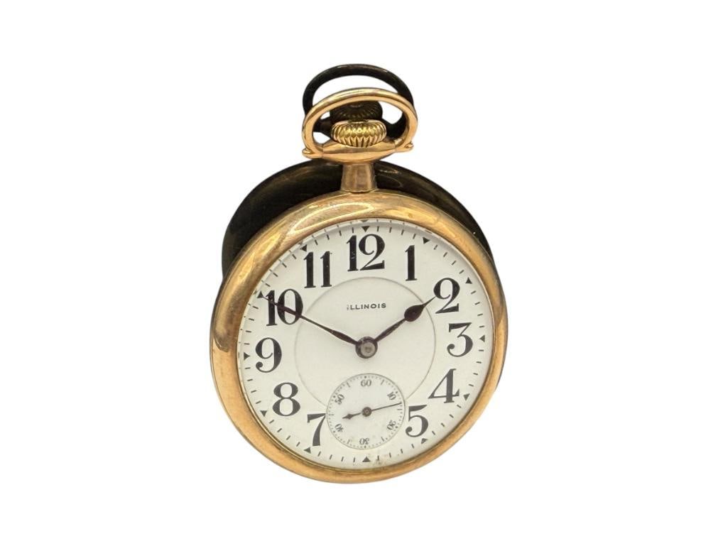 ANTIQUE 1915 ILLINOIS GRADE A. LINCOLN FALSE CENTER BRIDGE 21 JEWELS POCKET WATCH: ADJUSTED TO FIVE POSITIONS, A. LINCOLN, 21 JEWELS, GOLD FILLED OPEN FACE CASE, IN RUNNING CONDITION, SERIAL # 2768342 SIZE 16S
