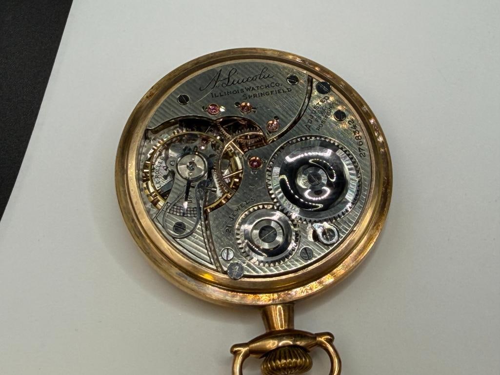 ANTIQUE 1915 ILLINOIS GRADE A. LINCOLN FALSE CENTER BRIDGE 21 JEWELS POCKET WATCH - 6