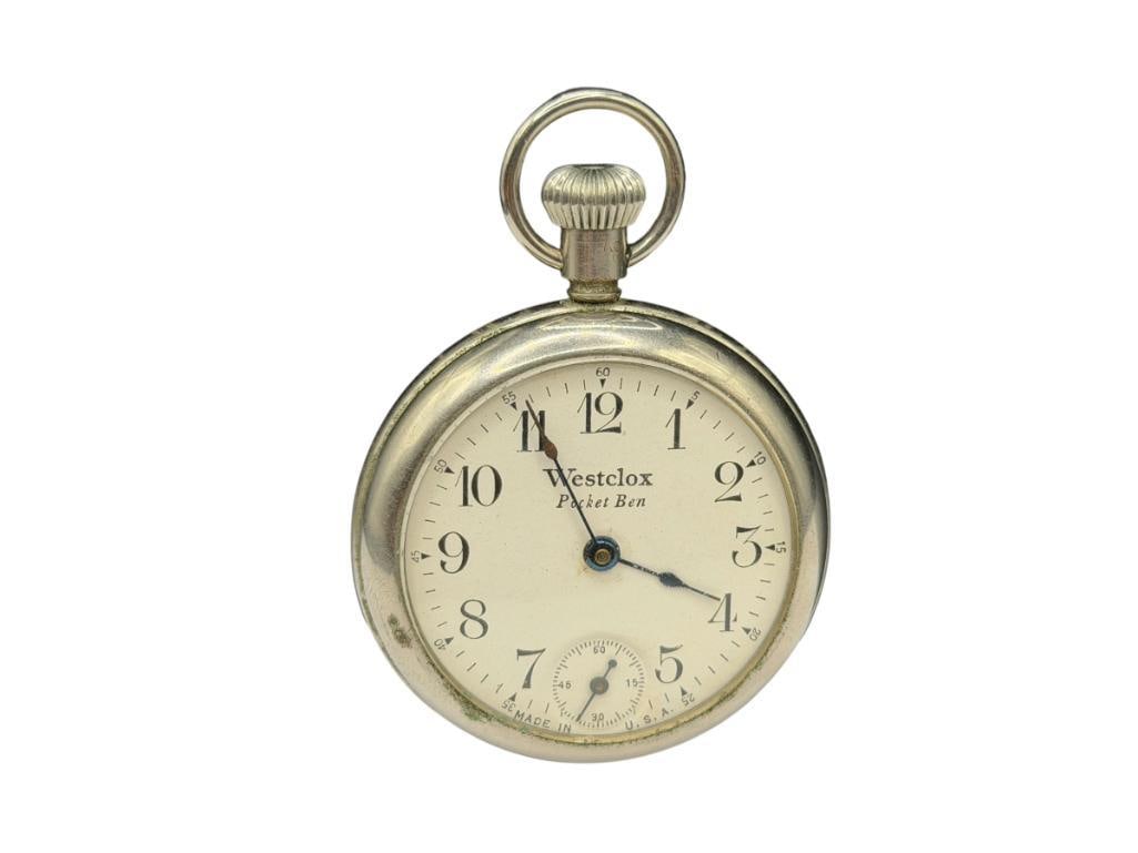 VINTAGE WESTCLOX POCKET BEN POCKET WATCH: IN RUNNING CONDITION, OPEN FACE SILVER TONE CASE SIZE 16S