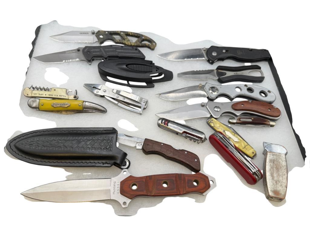 16 COLELCTIBLE KNIVES AND POCKET KNIVES INCLUDING SCHRARE OLD TIMER, FISH KNIFE, GERBER, AND MORE: INCLUDES SOME FIXED BLADE KNIVES, SOME LOCK BACK FOLDING KNIVES, WENGER UTILITY TOOL, AND MORE LONGEST BLADE IS 4 1/4" AND 9" TOTAL LENGTH