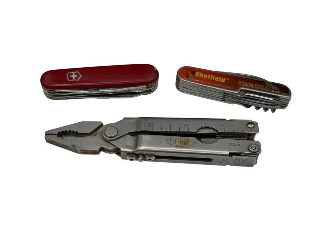 GERBER UTILITY TOOL, VICTRONIX SWISS ARMY KNIFE MULTI-TOOL, AND SHEFFIELD STAINLESS STEEL MULTI-T... (1 of 9)