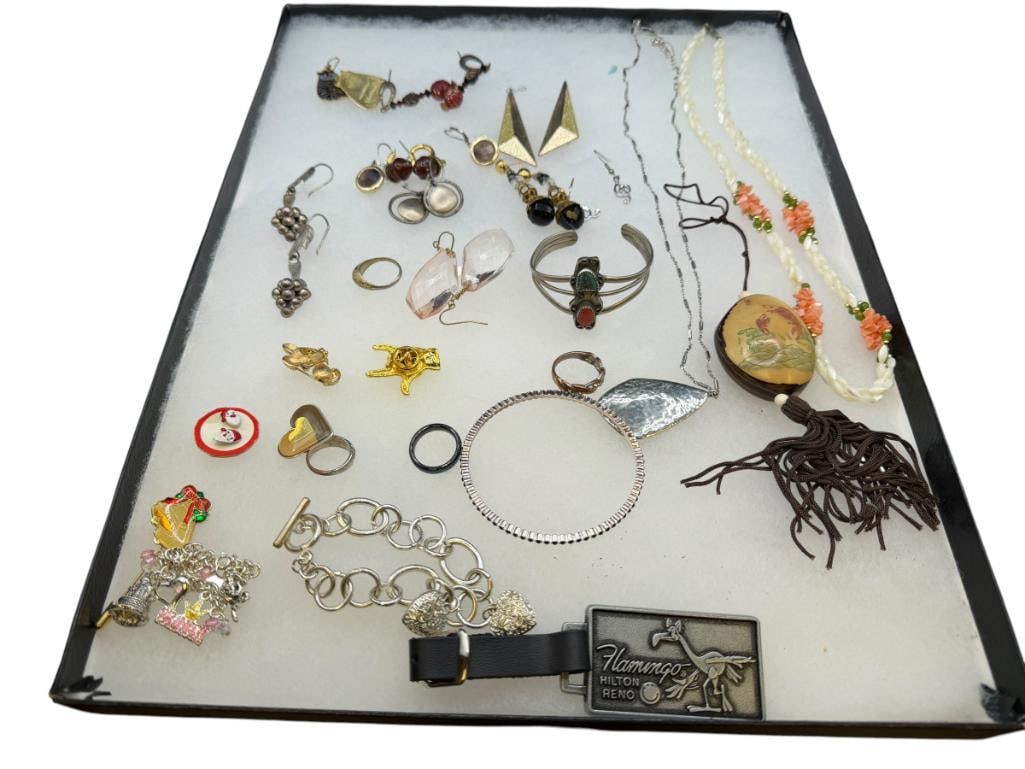 ASSORTED JEWELRY FEATURING SOME SOUTHWEST DESIGNS, STERLING SILVER DANGLE EARRINGS, AND MORE: SOME VINTAGE AND SOME SIGNED PIECES