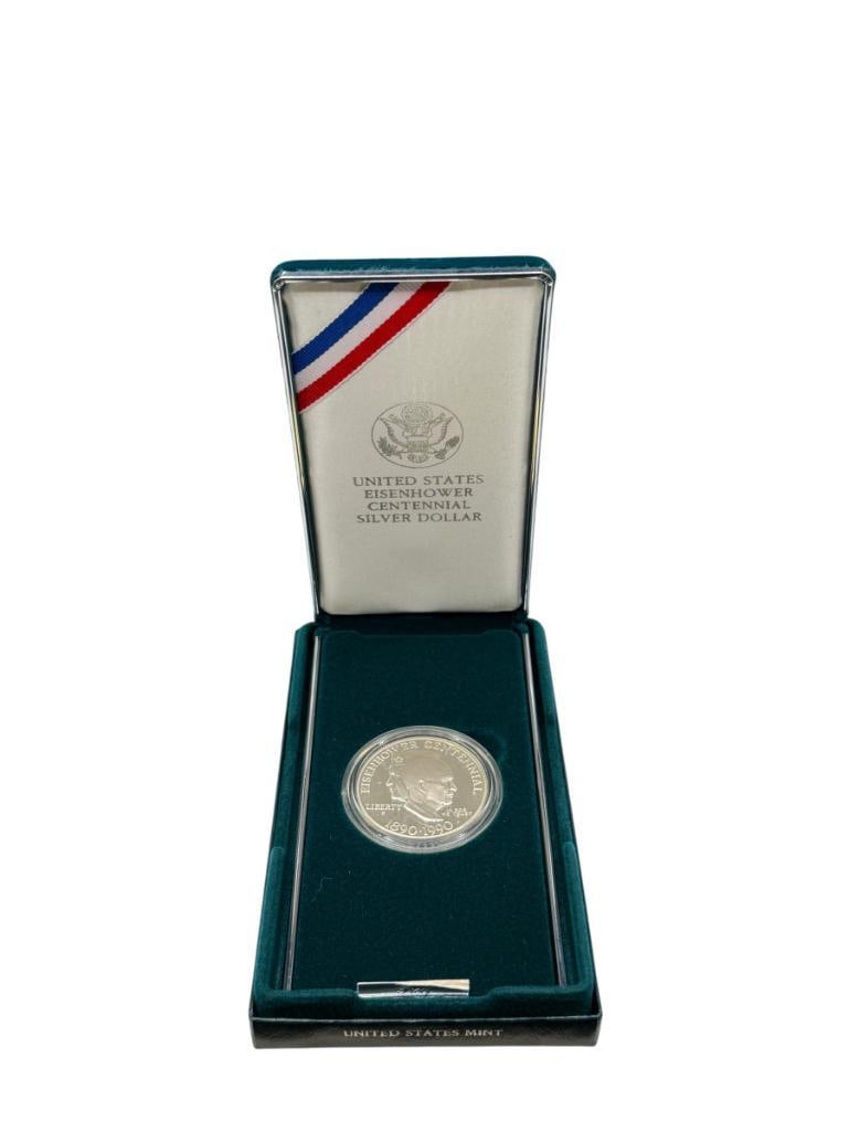 1990 U.S. MINT EISENHOWER CENTENNIAL SILVER PROOF DOLLAR: 90% SILVER DOLLAR, INCLUDES ORIGINAL BOX, CASE, AND CERTIFICATE OF AUTHENTICITY 26.73 GRAMS