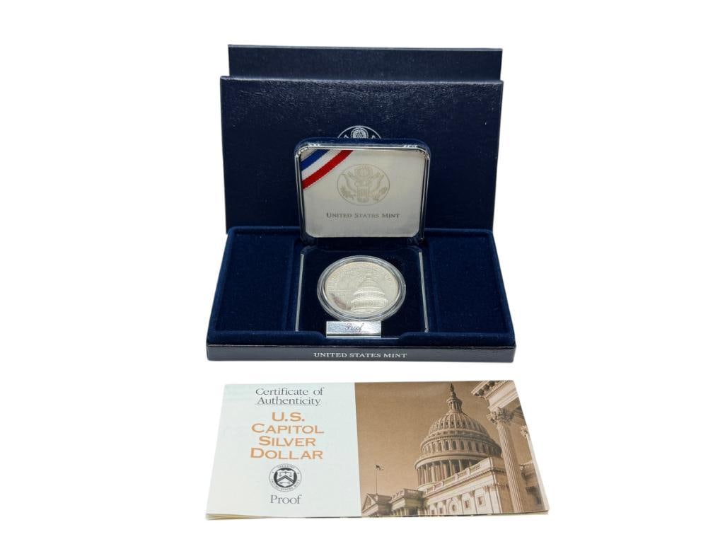 1994 U.S. MINT U.S. CAPITOL BICENTENNIAL SILVER PROOF DOLLAR: 90% SILVER DOLLAR, INCLUDES ORIGINAL BOX, CASE, AND CERTIFICATE OF AUTHENTICITY 26.73 GRAMS