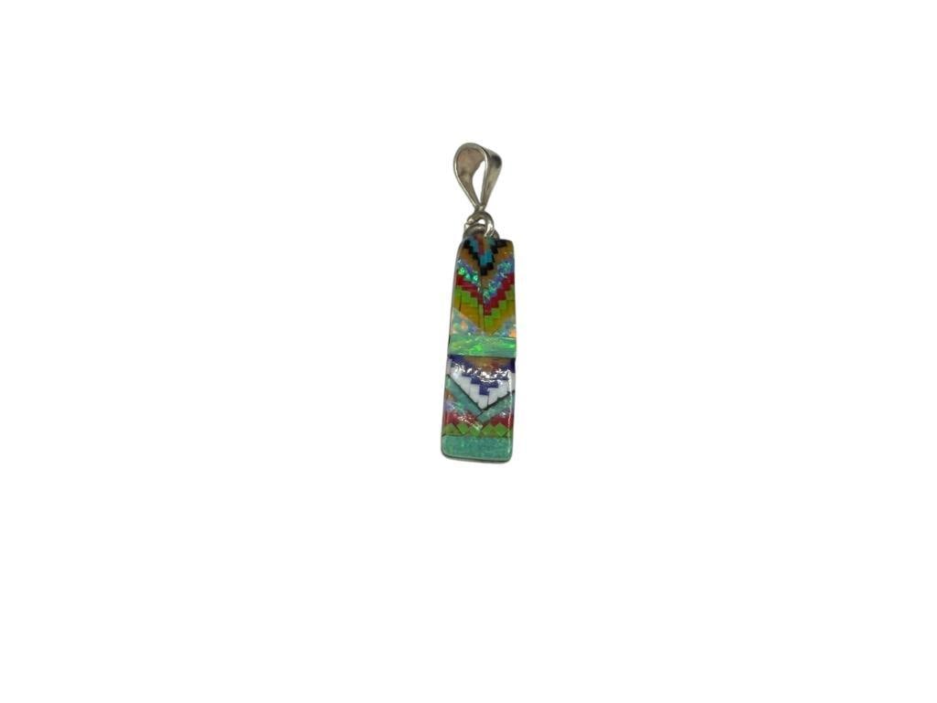 NATIVE AMERICAN ARTIST SIGNED STERLING SILVER INLAID MICRO MOSAIC PENDANT: SIGNED BY ARTIST "TT" 1 3/8", 2.59 GRAMS