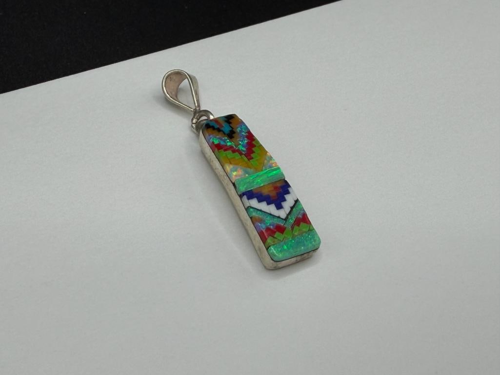 NATIVE AMERICAN ARTIST SIGNED STERLING SILVER INLAID MICRO MOSAIC PENDANT - 2