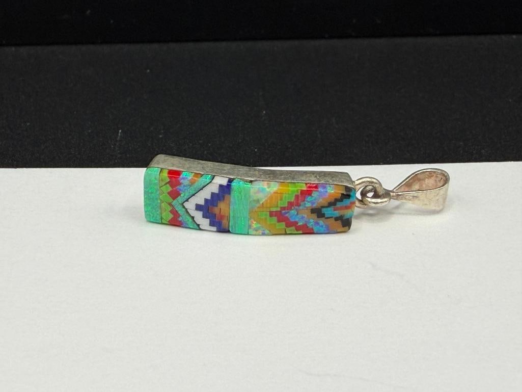 NATIVE AMERICAN ARTIST SIGNED STERLING SILVER INLAID MICRO MOSAIC PENDANT - 3