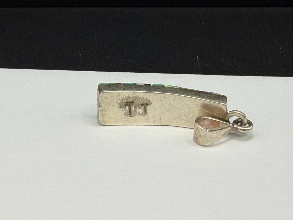 NATIVE AMERICAN ARTIST SIGNED STERLING SILVER INLAID MICRO MOSAIC PENDANT - 4