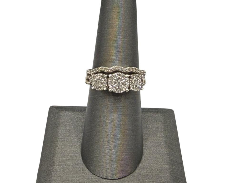STERLING SILVER DIAMOND AND DIAMOND CUT ENGAGEMENT SET: FEATURING ROUND CUT DIAMONDS, TWO BANDS SIZE 7, 4.85 GRAMS, 1MM DIAMONDS