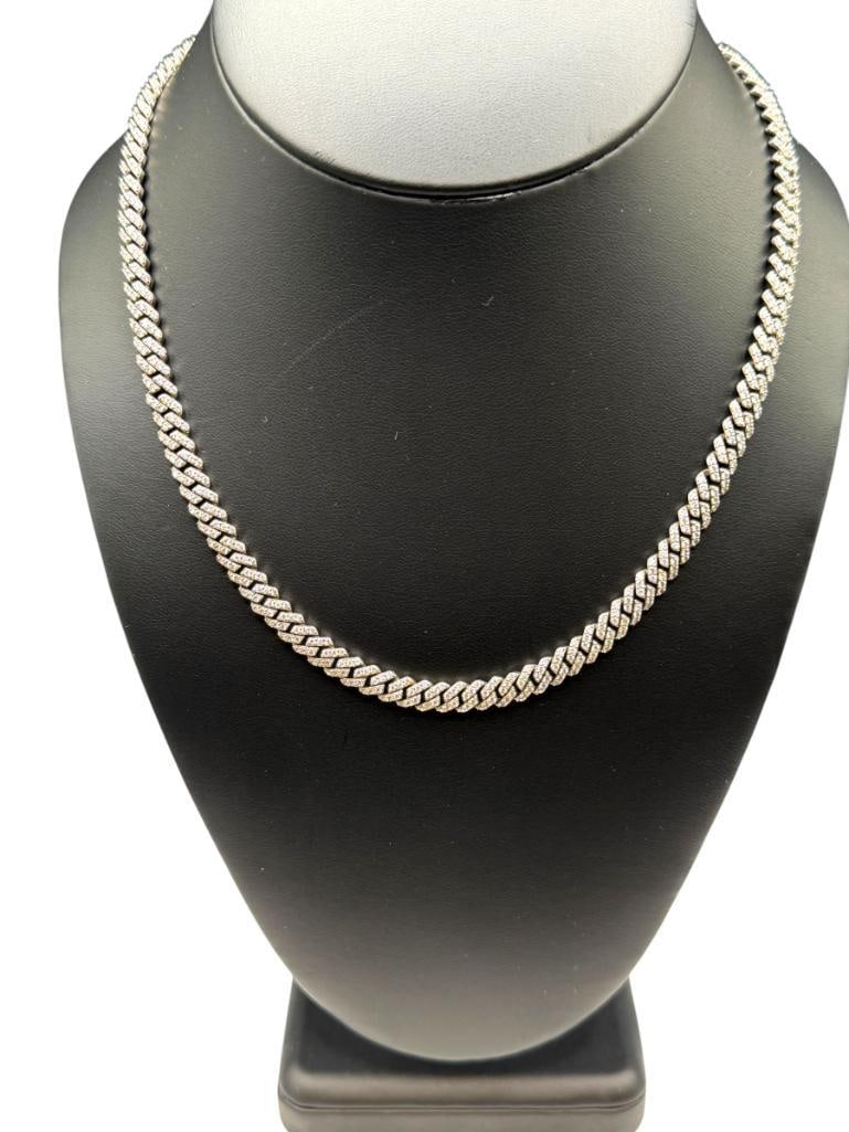 STERLLING SILVER MOISSANITE FASHION NECKLACE: MISSING ONE STONE NEAR CLASP 17 1/2" X 1/4". 1MM MOISSANITES, 33.44 GRAMS