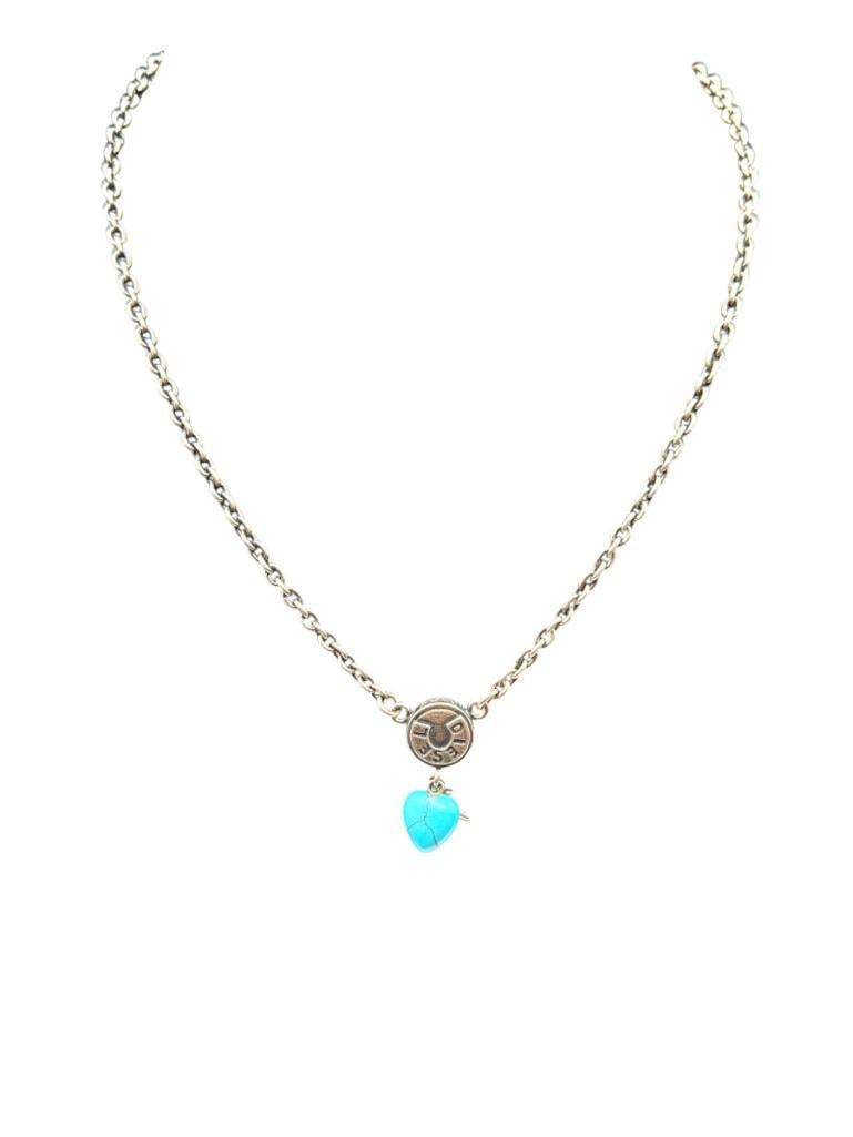 DIESEL DESIGNER SIGNED STERLING SILVER HOWLITE HEART DANGLE PENDANT NECKLACE: TOGGLE CLASP MARKED DIESEL 16" NECKLACE WITH 1" DROP PENDANT, 15.75 GRAMS