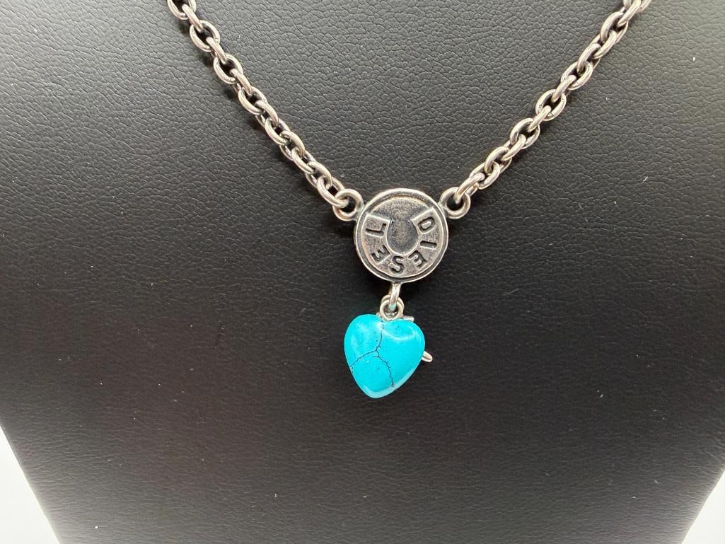 DIESEL DESIGNER SIGNED STERLING SILVER HOWLITE HEART DANGLE PENDANT NECKLACE - 2