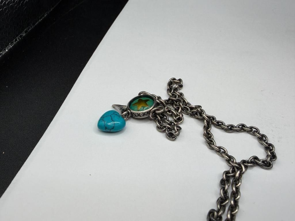 DIESEL DESIGNER SIGNED STERLING SILVER HOWLITE HEART DANGLE PENDANT NECKLACE - 3