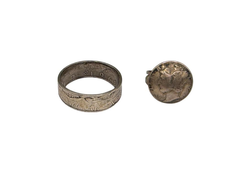 VINTAGE U.S. SILVER COIN RINGS INCLUDING 1968 KENNEDY 50% SILVER HALF AND 1944 MERCURY SILVER DIME: DIME IS 90% SILVER AND HAS STERLING BANDS SIZE 11 1/2 AND 5 1/2, 12.51 GRAMS TOTAL
