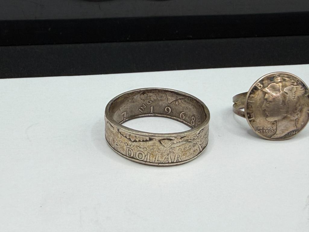 VINTAGE U.S. SILVER COIN RINGS INCLUDING 1968 KENNEDY 50% SILVER HALF AND 1944 MERCURY SILVER DIME - 2