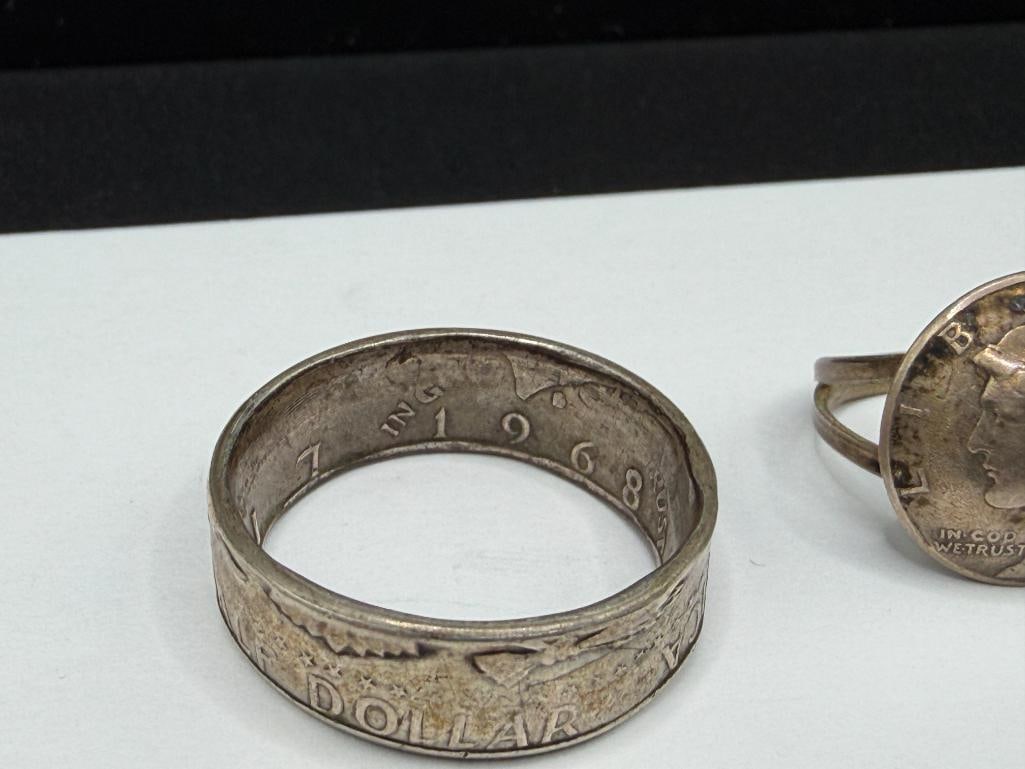 VINTAGE U.S. SILVER COIN RINGS INCLUDING 1968 KENNEDY 50% SILVER HALF AND 1944 MERCURY SILVER DIME - 3