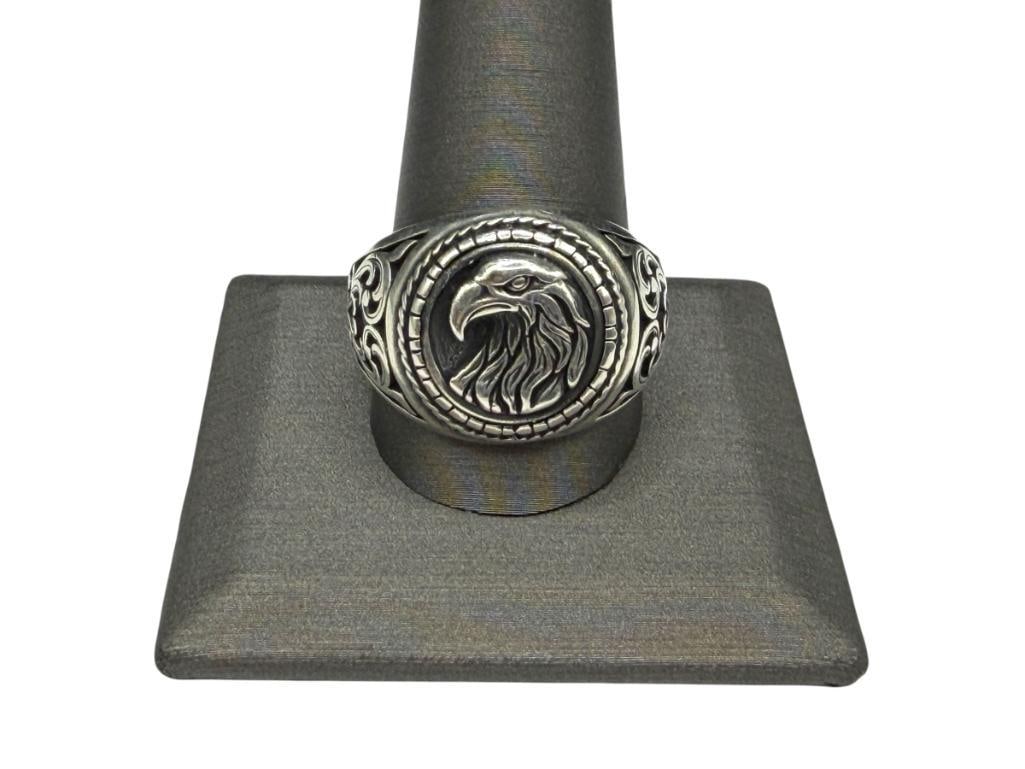 MEN'S STERLING SILVER EAGLE SIGNET RING: SIZE 14, 3/4" FRONT, 11.90 GRAMS
