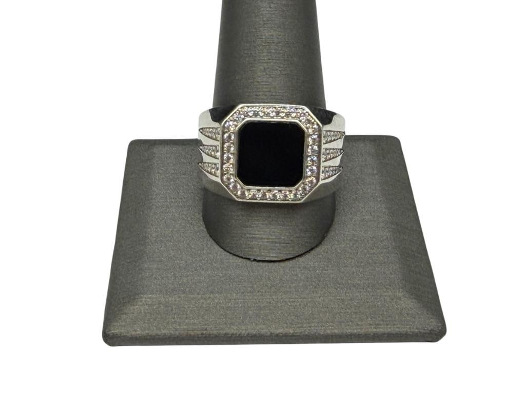 MEN'S STERLING SILVER BLACK ONYX INLAY AND CZ RING: SIZE 12, 5/8" FRONT, 1MM CZS, 7.74 GRAMS