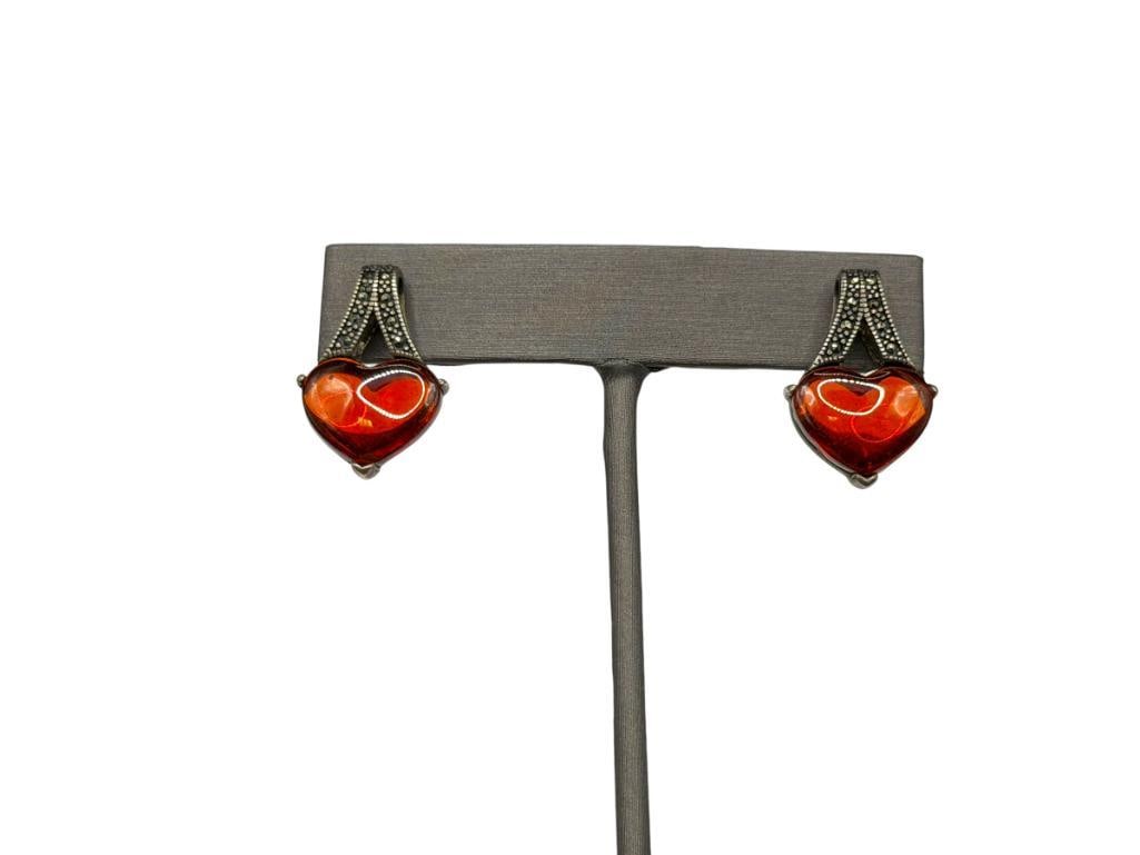 STERLING SILVER AMBER HEART AND MARCASITE EARRINGS: 1", 9.92 GRAMS