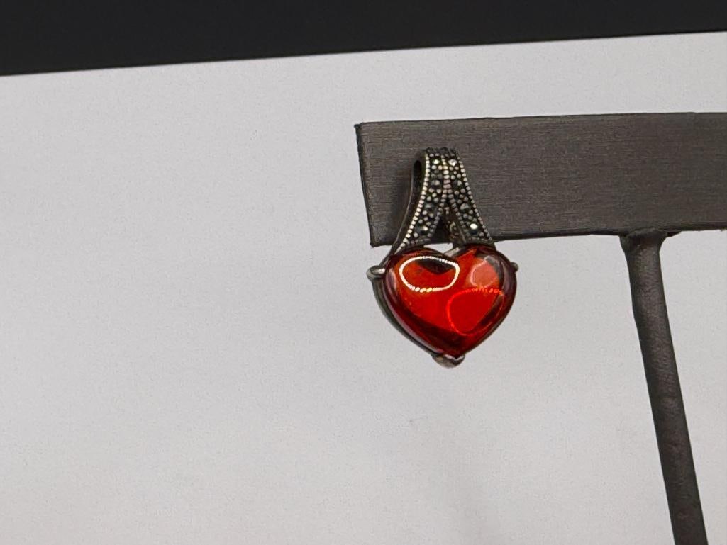 STERLING SILVER AMBER HEART AND MARCASITE EARRINGS - 2