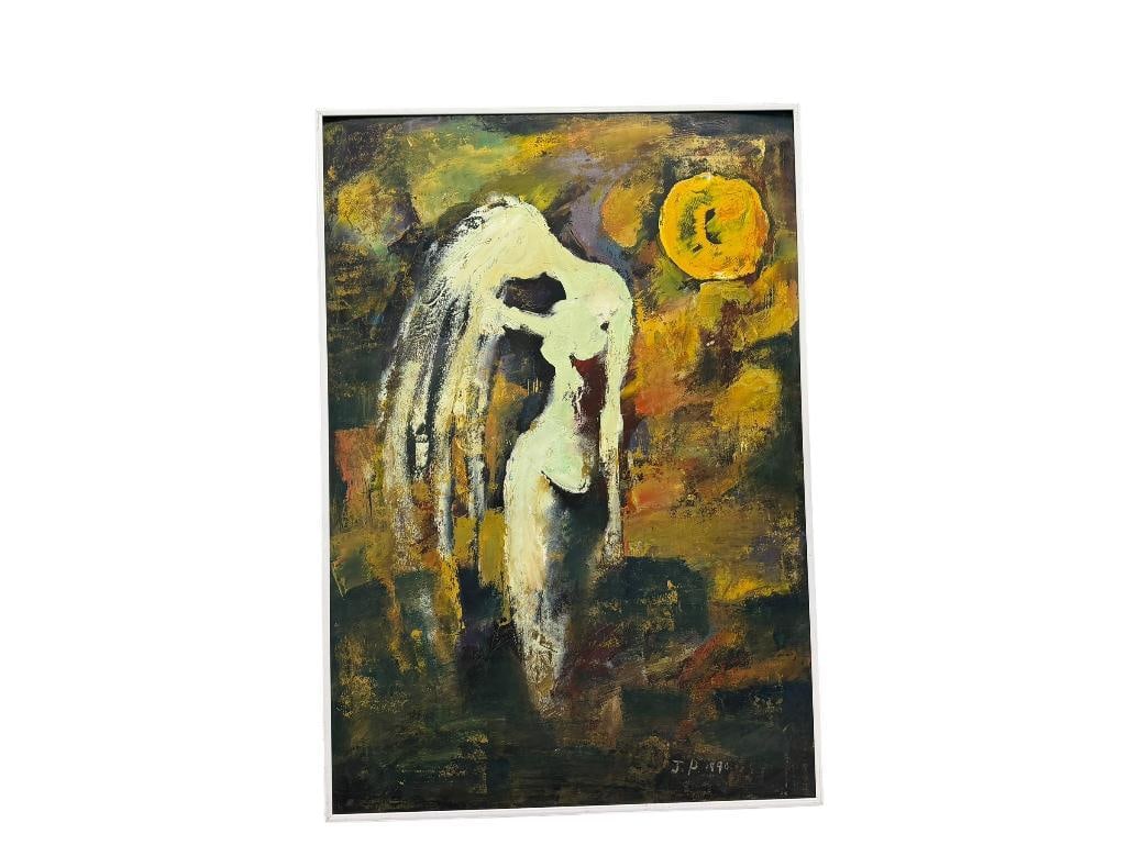 ORIGINAL MODERN ABSTRACT OIL ON PAPER PAINTING SIGNED: ART DEPICTS ABSTRACT STYLIZED FEMALE FIGURE WITH PROMINENT SUN, SIGNED LOWER RIGHT, J.D. 1990, FRAMED 22" X 31" FRAME