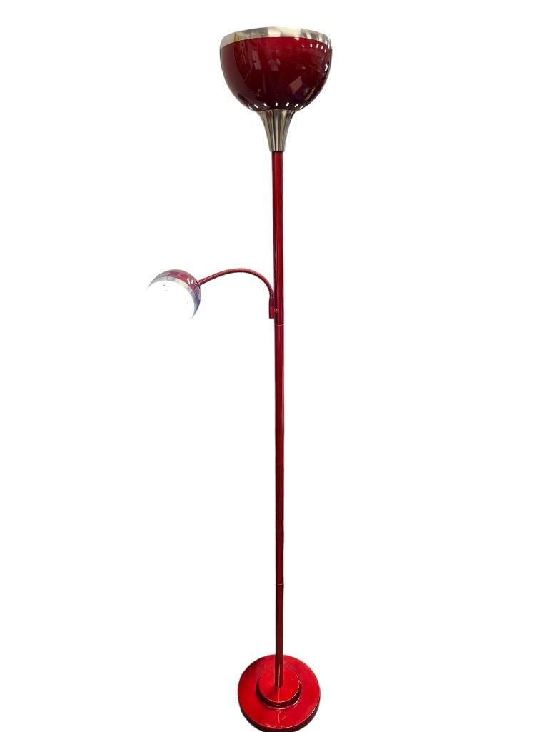 NOSTALGIC RETRO STYLED FLOOR LAP WITH GOOSENECK STYLED READING LAMP: RUBY RED WITH EXPOSED BRUSHED NICKEL FINISH, TESTED + 70" H