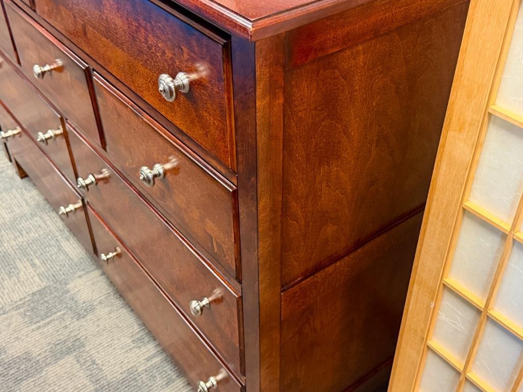 RICH GRAIN DARK FINISH WOOD DRESSER WITH NINE DRAWERS AND NICKEL FINISH HARDWARE - 6